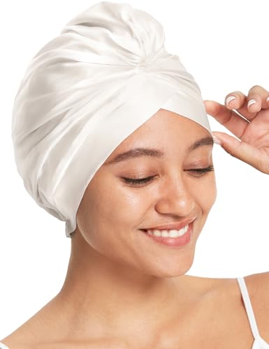 LilySilk 100% Maulbeerseide Schlafmütze für lockiges Haar Seide Bonnet Nacht Schlafmütze Kopfbedeckung Haarwickel für Frauen mit elastischem Band，Weiß von LilySilk
