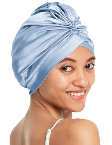LilySilk 100% Maulbeerseide Schlafmütze für lockiges Haar Seide Bonnet Nacht Schlafmütze Kopfbedeckung Haarwickel für Frauen mit elastischem Band，Blau von LilySilk