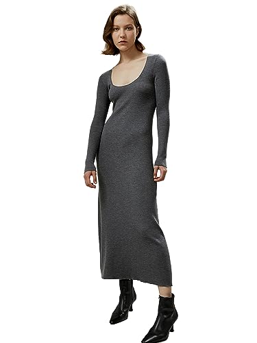 LilySilk 100% Merinowolle Strickkleid für Damen Geripptes Bodycon Midi Kleid mit Rundhalsausschnitt für den Herbst Elegante schlanke Passform(Dunkel Grau,M) von LilySilk