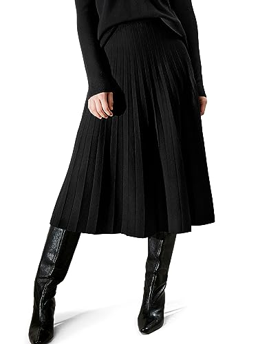 LilySilk 100% Merinowollrock Collegiate Ultrafein für Damen A-Linie Gestrickter Saum Winter Herbst Plissierter Rock Knielänge(Schwarz,M) von LilySilk