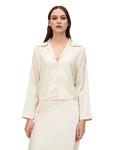 LilySilk 100 Reine Maulbeerseide Hemd 22 Momme Frauen Elegante Damenbluse Seidenbluse mit Langarm und V-Ausschnitt(Lily Weiss,L) von LilySilk