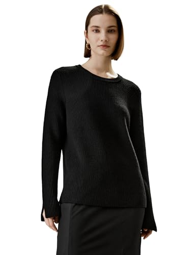 LilySilk 100% Reiner Wollpullover für Damen Pullover Oversized Gerippte Schlitzbündchen lässige Pullover Damen Leichter Winter Herbst(Schwarz,M) von LilySilk