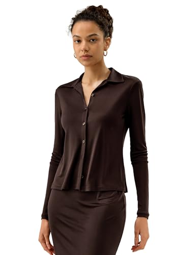 LilySilk 100% Seide Jersey Hemd für Frauen Basic Slim Seide Stricken dehnbar Lange Ärmel Knopf vorne (Braun, L) von LilySilk