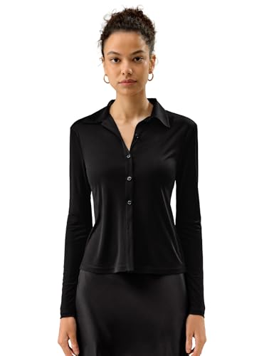 LilySilk 100% Seide Jersey Hemd für Frauen Basic Slim Seide Stricken dehnbar Lange Ärmel Knopf vorne (Schwarz, S) von LilySilk