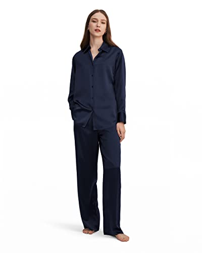 LilySilk 100% Seide Pyjama Set Damen Übergröße Stil Voll Länge locker sitzende Schlafbekleidung Casual Luxus Seiden Loungewear XXL, Dunkel Blau von LilySilk