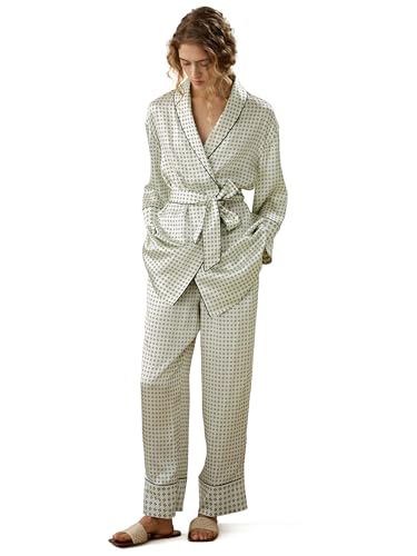 LilySilk 100% Seidenpyjama-Set für Damen 19MM Bedruckte Maulbeerseide Pyjamas Reverskragen 3/4-Ärmel Taillierte Hose Freizeit(Grafikdruck,M) von LilySilk