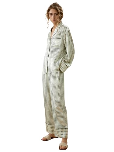 LilySilk 100% Seidenpyjama-Set für Damen Bedruckte Seidenpyjamas Hemdbluse mit Knopfleiste Reverskragen Übergroße Hose mit hoher Taille(Grafikdruck,M) von LilySilk