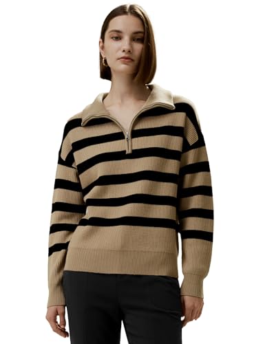 LilySilk 100% Wollpullover für Damen Gestreifte Pullover mit Kragen und Viertelreißverschluss Strickpullover Winter Leichter Freizeitpullover(Kamel Mit Schwarzen Streifen,M) von LilySilk