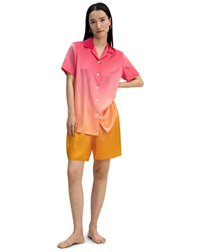 LilySilk 19 Momme Kurze Seide Pyjama Set für Frauen Schlafmode Loungewear Button-Down Pj Sets nothched Kragen Atmungsaktive kühle Pyjamas für Sommer(Rosa Ombre,L) von LilySilk