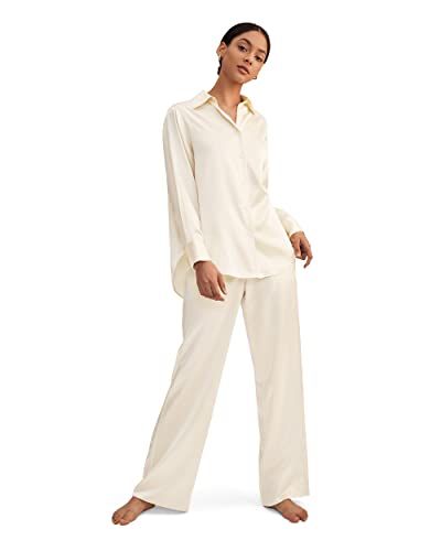 LilySilk 100% Seide Pyjama Set Damen Übergröße Stil Voll Länge locker sitzende Schlafbekleidung Casual Luxus Seiden Loungewear XXL, Lilienweiß von LilySilk