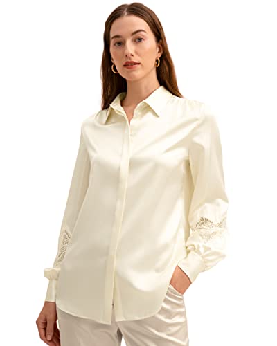 LilySilk 22 Momme Echte Seide Bluse Hemd Damenmode für Frauen Elegante Spitze Lange Ärmel Retro Klassisch Shirt für Damen(Lilienweiß,S) von LilySilk