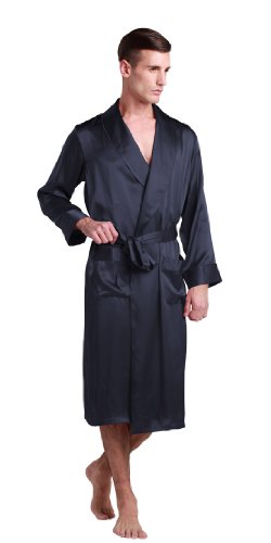 LilySilk Edel Seide Morgenmantel Badmantel Nachtwäsche Nachtkleid Herren Dunkel Blau M von LilySilk