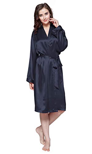 LilySilk 22 Momme Klassischer Seide Bademantel V-Ausschnitt Kurze Seidenrobe Brautjungfern-Robe Mittellanges 100% Seide Morgenmantel für Braut Nachtwäsche Kimono L, Dunkel Blau von LilySilk