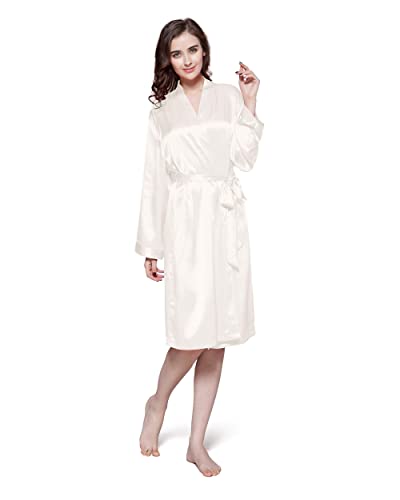 LilySilk 22 Momme Klassischer Seide Bademantel V-Ausschnitt Kurze Seidenrobe Brautjungfern-Robe Mittellanges 100% Seide Morgenmantel für Braut Nachtwäsche Kimono L, Natürliches Weiß von LilySilk