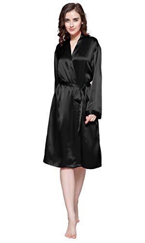 LilySilk 22 Momme Klassischer Seide Bademantel V-Ausschnitt Kurze Seidenrobe Brautjungfern-Robe Mittellanges 100% Seide Morgenmantel für Braut Nachtwäsche Kimono M, Schwarz von LilySilk