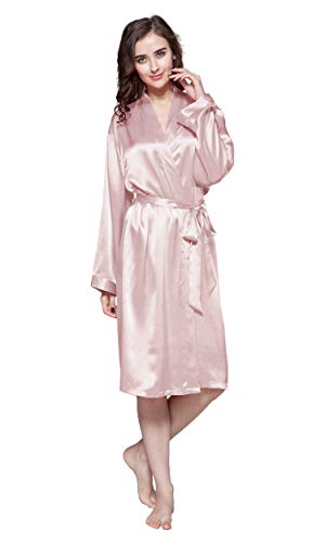 LilySilk 22 Momme Klassischer Seide Bademantel V-Ausschnitt Kurze Seidenrobe Brautjungfern-Robe Mittellanges 100% Seide Morgenmantel für Braut Nachtwäsche Kimono S, Altrosa von LilySilk