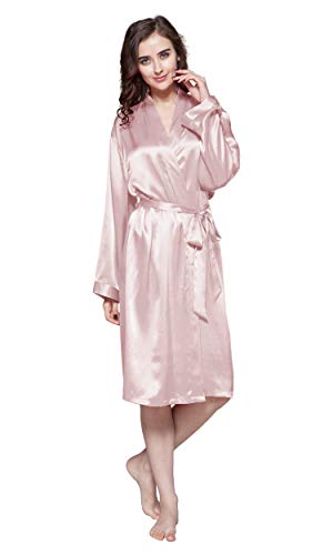 LilySilk Klassischer Seide Bademantel V-Ausschnitt Kurze Seidenrobe Brautjungfern-Robe Mittellanges 100% Seide Morgenmantel für Braut Nachtwäsche Kimono XS, Altrosa von LilySilk