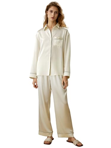 LilySilk Kontrastpaspel Knopfleisten-Pyjama-Set in voller Länge für Damen 100% Seiden-Schlafbekleidung Pyjama-Set(Lilienweiß,M) von LilySilk