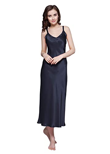 LilySilk 22 Momme Langes Seidennachthemd V-Ausschnitt Verstellbare Träger Nachtwäsche Nachtkleid Sexy Spitze Ärmellose Negligee L, Dunkel Blau von LilySilk