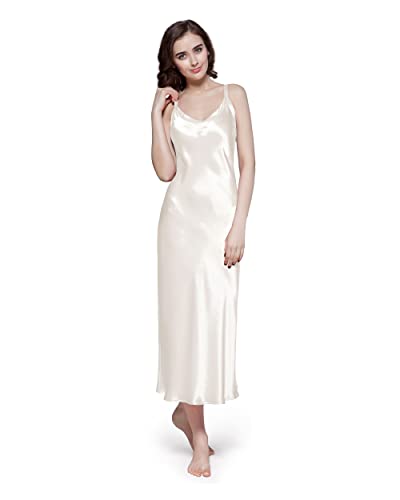 LilySilk 22 Momme Langes Seidennachthemd V-Ausschnitt Verstellbare Träger Nachtwäsche Nachtkleid Sexy Spitze Ärmellose Negligee M, Natürliches Weiß von LilySilk