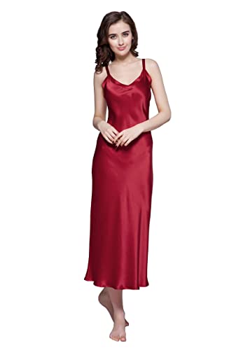 LilySilk Langes Seidennachthemd V-Ausschnitt Verstellbare Träger Nachtwäsche Nachtkleid Sexy Spitze Ärmellose Negligee M, Rotwein von LilySilk