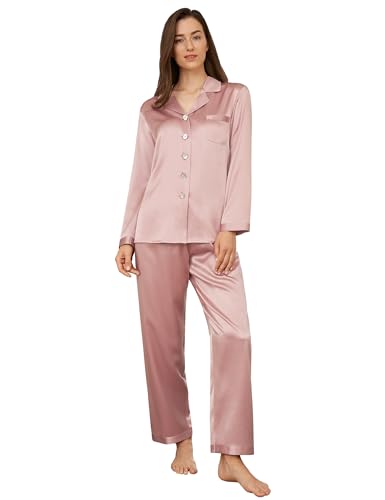 LilySilk Damen 100% Reiner Seide Pyjama-Set Frauen Luxus Langarm-Oberteil mit Knopfleiste und elastischer Unterteil-Loungewear-Schlafanzug(Altrosa,XS) von LilySilk