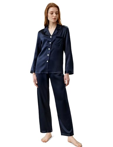 LilySilk Damen 100% Reiner Seide Pyjama-Set Frauen Luxus Langarm-Oberteil mit Knopfleiste und elastischer Unterteil-Loungewear-Schlafanzug(dunkelblau,S) von LilySilk