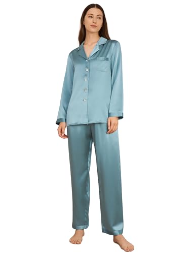 LilySilk Damen 100% Reiner Seide Pyjama-Set Frauen Luxus Langarm-Oberteil mit Knopfleiste und elastischer Unterteil-Loungewear-Schlafanzug(Neblig Blau,M) von LilySilk