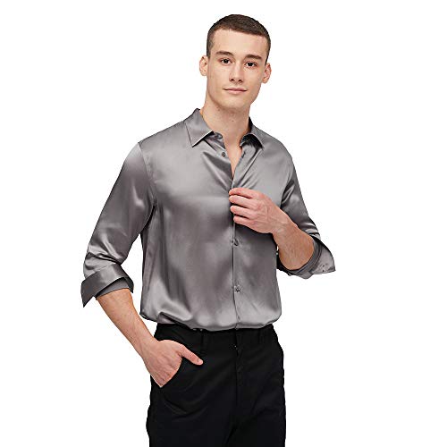 LilySilk Maulbeerseide Basic Herrenhemd Formelle Business-Office-Knopfleiste Oberteile Blusen Langarm Luxuriöse Atmungsaktive Kühle Seidenkleidung Hemden M, Dunkel Grau von LilySilk