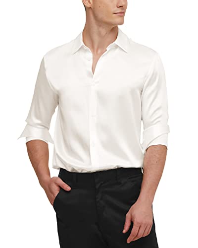 LilySilk Maulbeerseide Basic Herrenhemd Formelle Business-Office-Knopfleiste Oberteile Blusen Langarm Luxuriöse Atmungsaktive Kühle Seidenkleidung Hemden M, Natürliches Weiß von LilySilk