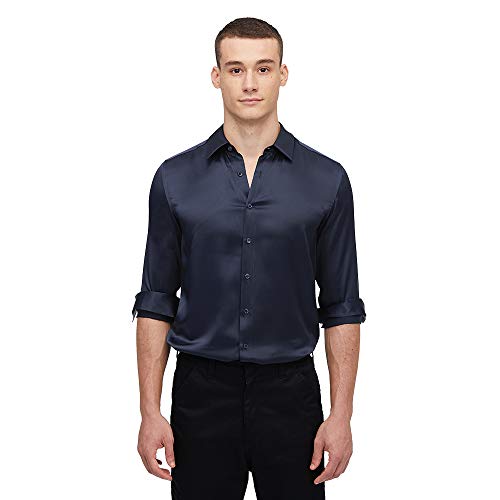 LilySilk Maulbeerseide Basic Herrenhemd Formelle Business-Office-Knopfleiste Oberteile Blusen Langarm Luxuriöse Atmungsaktive Kühle Seidenkleidung Hemden XL, Dunkel Blau von LilySilk