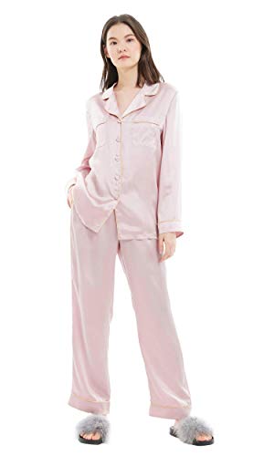 LilySilk Seide Pyjamas für Damen mit Goldenem Besatz Schlafanzug Nachtwäsche Pyjamas Set Loungewear für alle Jahreszeiten Lang Ärmel Sleepwear Silk Pjs Set Altrosa, L von LilySilk