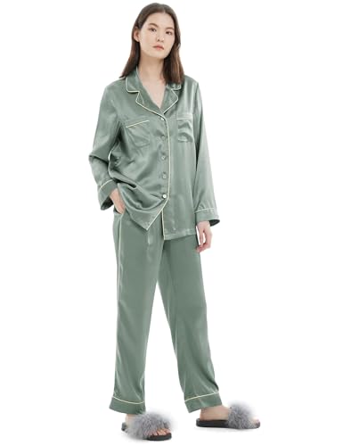 LilySilk Seide Pyjamas für Damen mit Goldenem Besatz Schlafanzug Nachtwäsche Pyjamas Set Loungewear für alle Jahreszeiten Lang Ärmel Sleepwear Silk Pjs Set Avocadogrün, XL von LilySilk