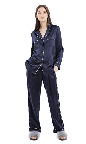 LilySilk 22MM Seide Pyjamas für Damen mit Goldenem Besatz Schlafanzug Nachtwäsche Pyjamas Set Loungewear für alle Jahreszeiten Lang Ärmel Sleepwear Silk Pjs Set Dunkel Blau, M von LilySilk