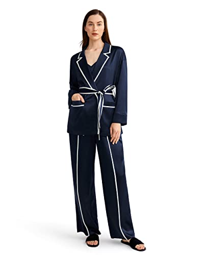 LilySilk 3-teiliges Nachtwäsche Damen Seide Pyjama Set mit Bademantel für Damen, Leibchen Sommer Pyjama Set mit Langer Hose aus 100% Maulbeerseide in Kontrastfarbe(Dunkel Blau,M) von LilySilk