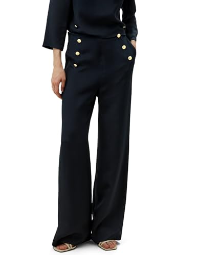 LilySilk 30 Momme 100% Seidenhose mit weitem Bein und Knopfleiste Verdeckter seitlicher Reißverschluss Hohe Taille für Damen(Mitternachtsblau,38) von LilySilk