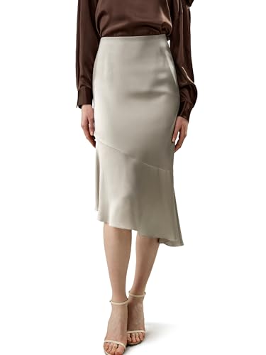 LilySilk Asymmetrischer Fischschwanzrock aus 100% Seide für Damen schmale Passform, seitlicher Reißverschluss hoch tailliertes Midikleid in A-Linie für Arbeitspartys(Silber Grau,36) von LilySilk