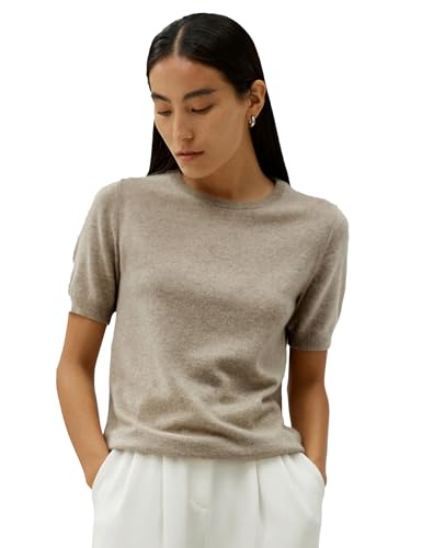 LilySilk Damen 100% Baby Kaschmir Pullover Basics Gestricktes Top mit kurzen Ärmeln und Rundhalsausschnitt für den Sommer Lässig(Kamel,XL) von LilySilk