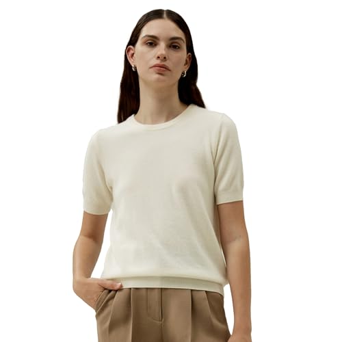 LilySilk Damen 100% Baby Kaschmir Pullover Basics Gestricktes Top mit kurzen Ärmeln und Rundhalsausschnitt für den Sommer Lässig(Weiß,XS) von LilySilk