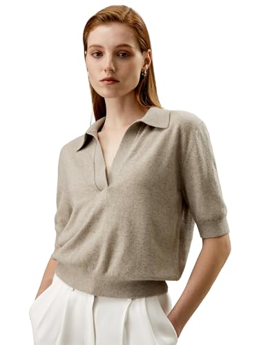 LilySilk Damen 100% Baby-Kaschmir-Pullover Frauen Polohemd-Stil Pullover mit V-Ausschnitt Leichte weiche Strickoberteile mit halblangen Ärmeln(Kamel,XS) von LilySilk