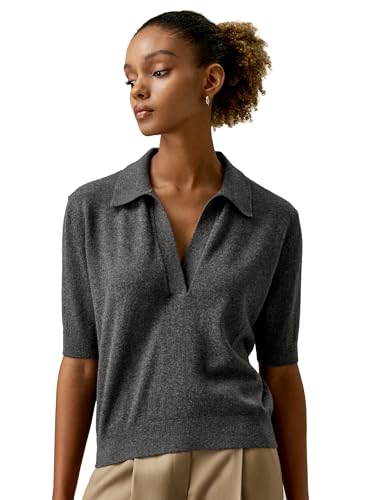 LilySilk Damen 100% Baby-Kaschmir-Pullover Frauen Polohemd-Stil Pullover mit V-Ausschnitt Leichte weiche Strickoberteile mit halblangen Ärmeln(Mittelgrau,XS) von LilySilk