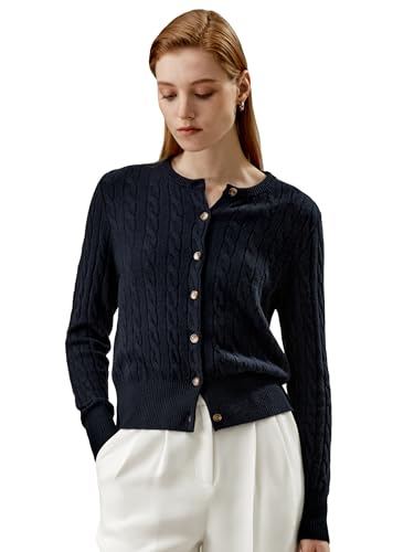 LilySilk Damen 100% Baby-Kaschmir-Rundhalsausschnitt-Strickjacke Frauen Zopfmuster-Strickjacke mit Knopfleiste und Langen Ärmeln(Dunkel Blau,M) von LilySilk