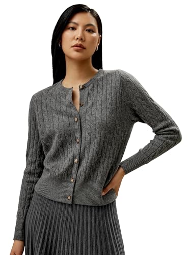 LilySilk Damen 100% Baby-Kaschmir-Rundhalsausschnitt-Strickjacke Frauen Zopfmuster-Strickjacke mit Knopfleiste und Langen Ärmeln(Mittelgrau,M) von LilySilk