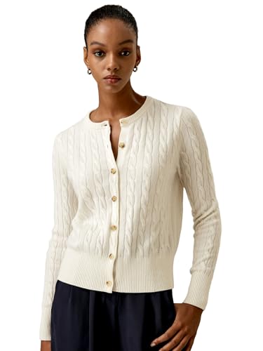 LilySilk Damen 100% Baby-Kaschmir-Rundhalsausschnitt-Strickjacke Frauen Zopfmuster-Strickjacke mit Knopfleiste und Langen Ärmeln(Weiß,XS) von LilySilk