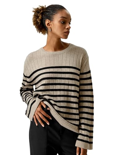 LilySilk Damen 100% Kaschmir-Pullover Frauen überschnittene gestreifter Pullover mit Langen Ärmeln und Rundhalsausschnitt klassisches Design Damen-Sweater(Kamel mit schwarzen Streifen,M) von LilySilk