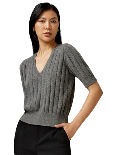 LilySilk Damen 100% Kaschmirpullover Frauen V-Ausschnitt-Pullover mit kurzen Ärmeln Leichtes lässiges Strick-T-Shirt(Mittelgrau,L) von LilySilk
