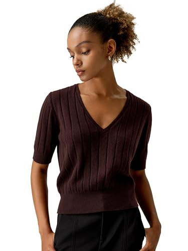 LilySilk Damen 100% Kaschmirpullover Frauen V-Ausschnitt-Pullover mit kurzen Ärmeln Leichtes lässiges Strick-T-Shirt(Obstholz,S) von LilySilk