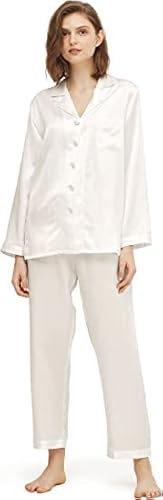 LilySilk Damen 100% Reiner Seide Pyjama-Set Frauen Luxus Langarm-Oberteil mit Knopfleiste und elastischer Unterteil-Loungewear-Schlafanzug(Natürliches Weiß,L) von LilySilk