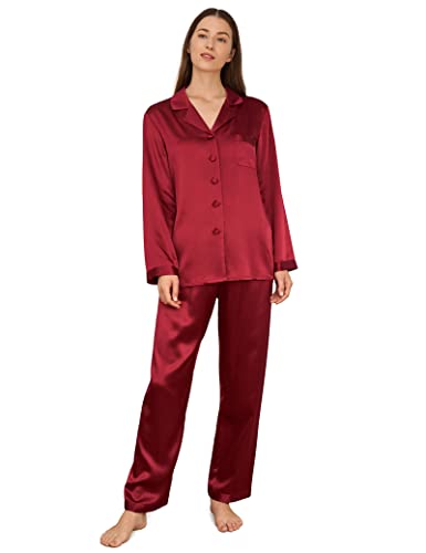 LilySilk Damen 100% Reiner Seide Pyjama-Set Frauen Luxus Langarm-Oberteil mit Knopfleiste und elastischer Unterteil-Loungewear-Schlafanzug(Weinrot,XS) von LilySilk