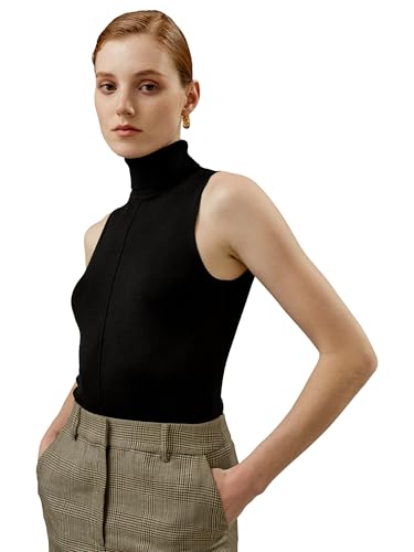 LilySilk Damen 100% Seidenpullover Ärmelloses Frauen-High-Neck-Seidenstrick-Top mit schmaler Passform Rollkragen-Pullover(Schwarz,XS) von LilySilk
